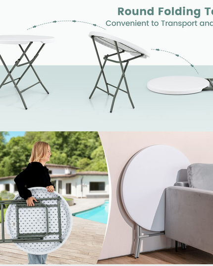 Giantex 32 Inches Round Folding Table, Portable Plastic Card Table with Thickened HDPE Tabletop and Sturdy Metal Frame, White