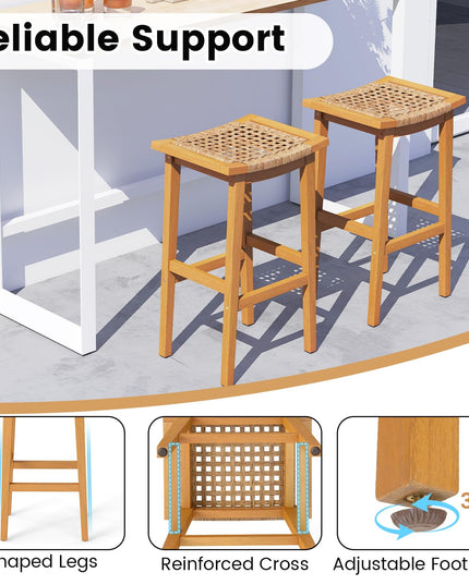 Giantex Outdoor Wooden Bar Stools Set of 2/4 with PE Rattan Saddle Seat & Footrest