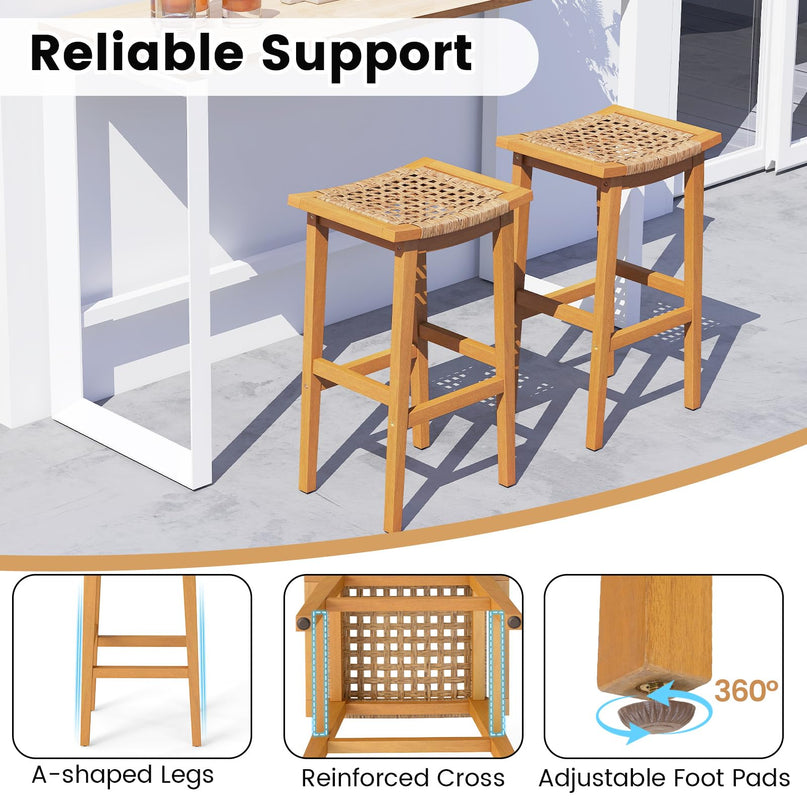 Giantex Outdoor Wooden Bar Stools Set of 2/4 with PE Rattan Saddle Seat & Footrest