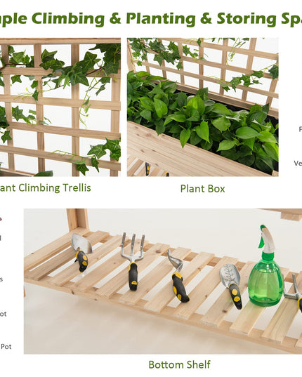 Giantex Raised Garden Bed on Wheels, Wood Planter with Trellis, Black Liner Storage Shelf