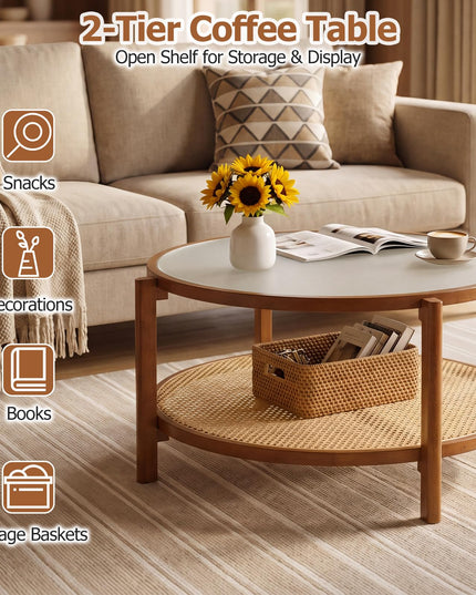 Giantex Rattan 35" Farmhouse Glass Center Table with Storage