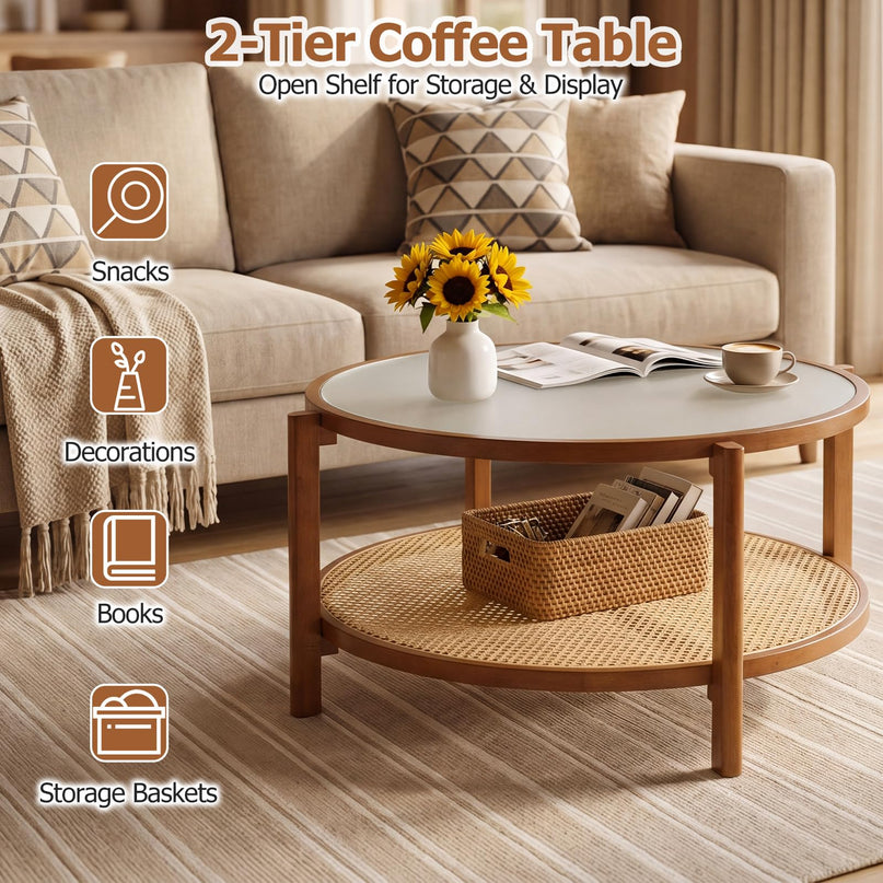 Giantex Rattan 35" Farmhouse Glass Center Table with Storage