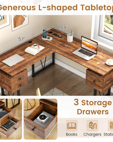 Giantex L Shaped Desk with Drawers, 59” Large Computer Desk with Power Outlet