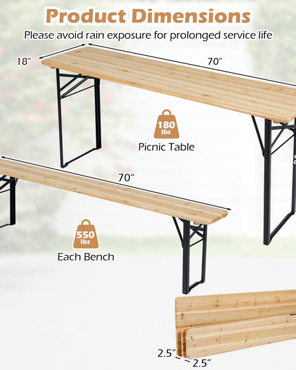 Giantex 3-Piece Folding Solid Wood Picnic Table with Benches Set for 4 (70")