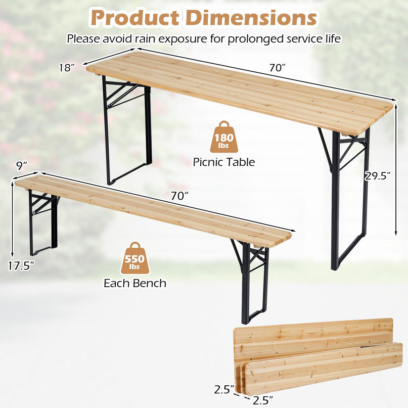 Table de pique-nique pliante 3 pièces Giantex en bois massif avec bancs pour 4 (178 cm)