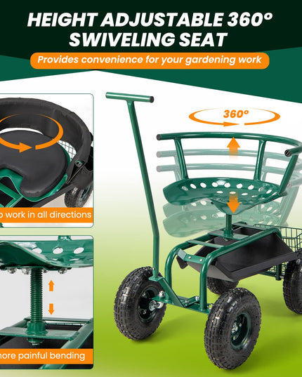 Giantex Garden Cart, Rolling Workseat with 4 Wheels, Tool Tray, Removable Cushion, Storage Basket