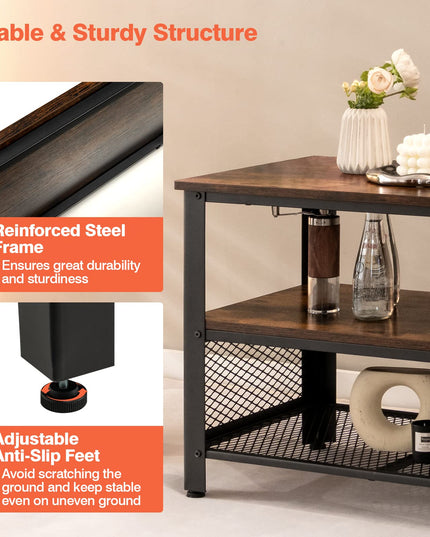 Giantex TV Stand for TV up to 50 Inches, 43.5 inch Wood Industrial TV Cabinet with 3-Tier Storage Shelves, Rustic Brown