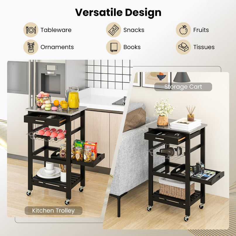 Giantex Rolling Kitchen Storage Cart with Stainless Steel Tabletop