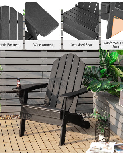 Adirondack Chair Outdoor Folding Chairs, Weather Resistant Patio Chair with Built-in Cup
