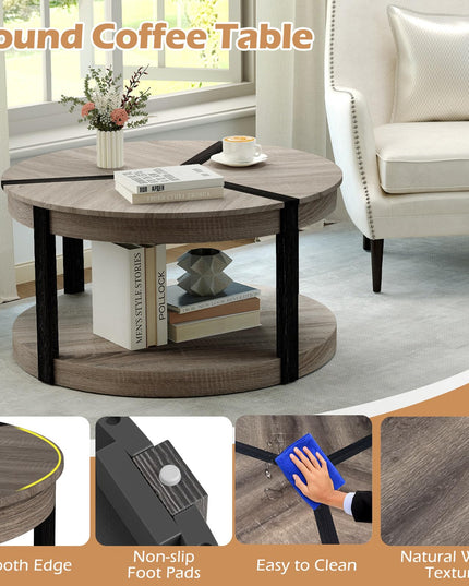 Giantex Round Coffee Table with Open Storage Shelf & Rubber Wood Frame