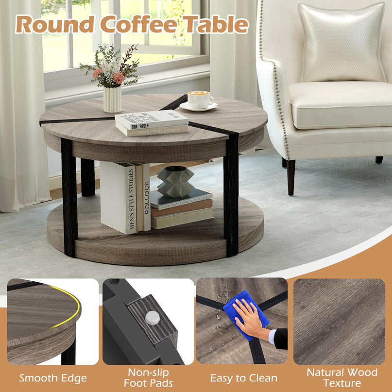 Giantex Round Coffee Table with Open Storage Shelf & Rubber Wood Frame