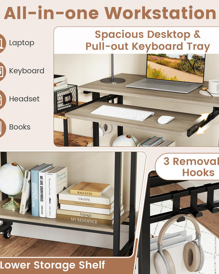Giantex Rolling Computer Desk with Keyboard Tray & Wheels
