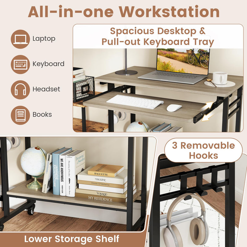Giantex Rolling Computer Desk with Keyboard Tray & Wheels