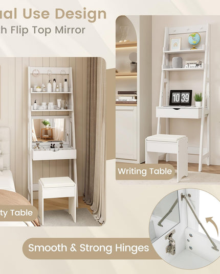 CHARMAID Small Vanity Desk with Mirror, Ladder Makeup Vanity Table with Flip top Mirror