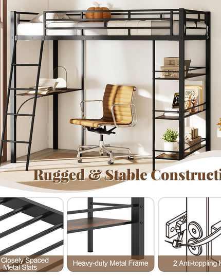 Giantex Twin Size Loft Bed with Desk & Shelves