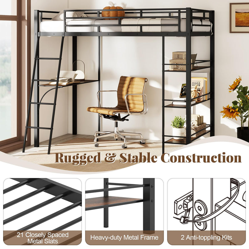 Giantex Twin Size Loft Bed with Desk & Shelves