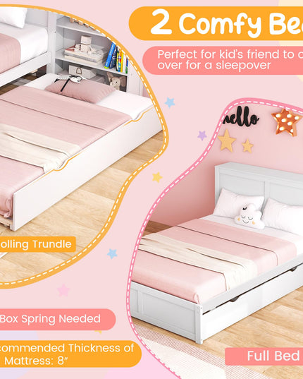 Giantex Full Bed Frame with Twin Trundle, Wooden Bed Wooden Bed Frame with 2 Rolling Bookcases & High Headboard