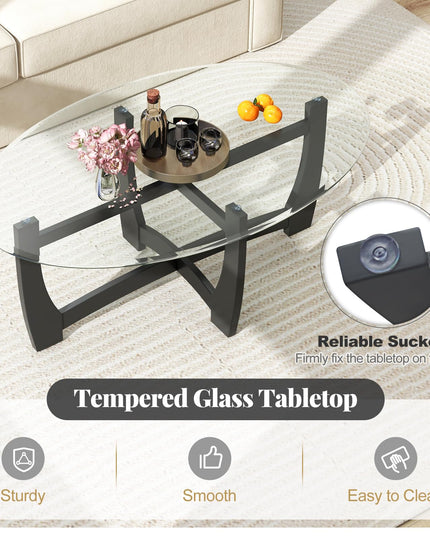 Giantex Glass Coffee Table, 48" Oval Accent Tea Table with Tempered Glass Top & Solid Wood Structure