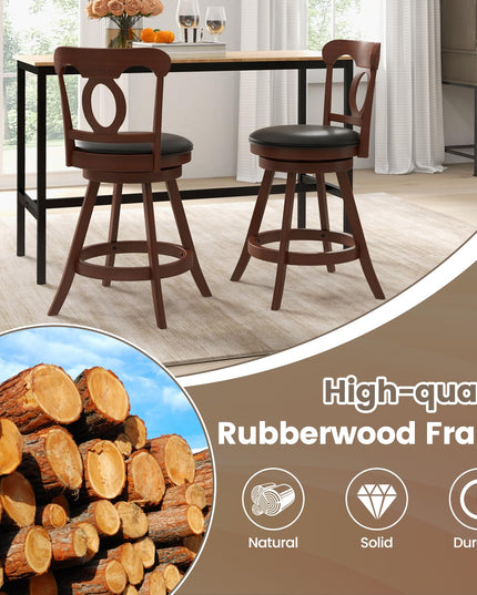 Giantex Swivel Bar Stools Set of 2, 24" Counter Height Barstools with Back, Solid Rubber Wood Frame