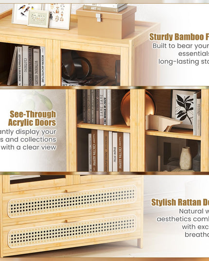 GIANTEX 54.5" Tall 6-Tier Freestanding Bamboo Bookshelf with 2 Acrylic Doors and 2 Drawers