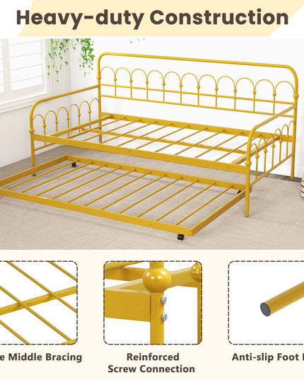 Giantex Twin Daybed with Trundle Gold, Metal Day Bed with Convenient Pull-Out Trundle Bed