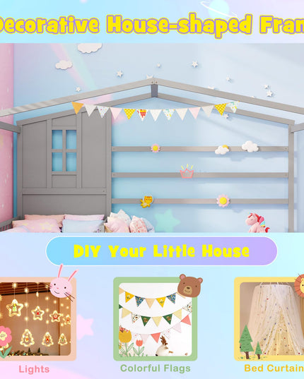 Giantex Double Twin Beds for Kids, House L-Shaped Platform Beds with Window & Fences