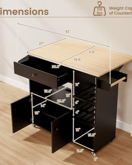 Giantex Rolling Kitchen Island Cart with Drop Leaf, Power Outlet, Spice Rack, 12 Wine Rack