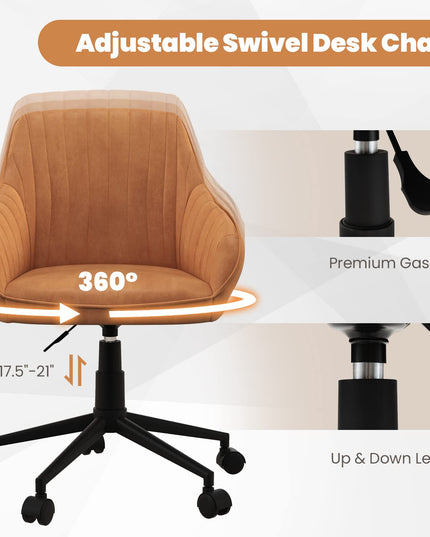 Giantex Leather Office Chair Brown, Mid Century Desk Chair with Wheels and Ergonomic Armrests