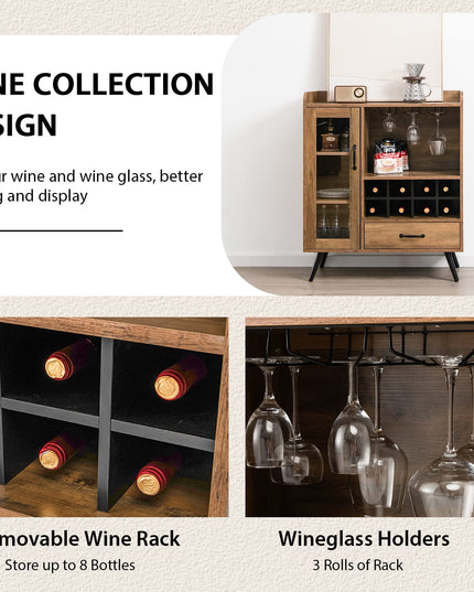 Giantex Buffet Sideboard with Drawer, Wine Cabinet for 8 Bottles, Glass Holder, 3 Tier Cupboard Tempered Glass Door (Rustic Brown & Black)