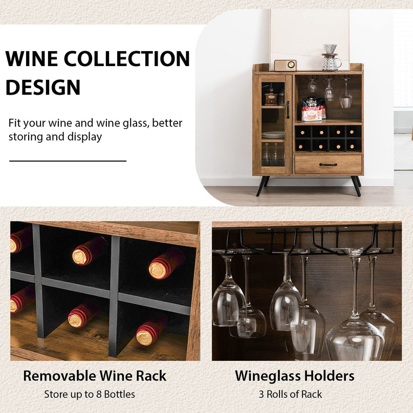 Giantex Buffet Sideboard with Drawer, Wine Cabinet for 8 Bottles, Glass Holder, 3 Tier Cupboard Tempered Glass Door (Rustic Brown & Black)