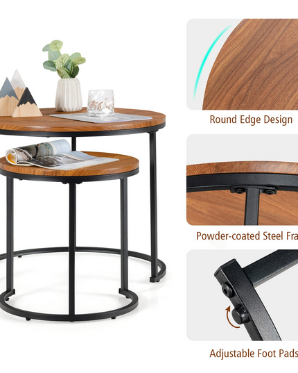 Nesting Coffee Table Set of 2, Round Stacking Side Tables w/Wooden Tabletop & Steel Frame