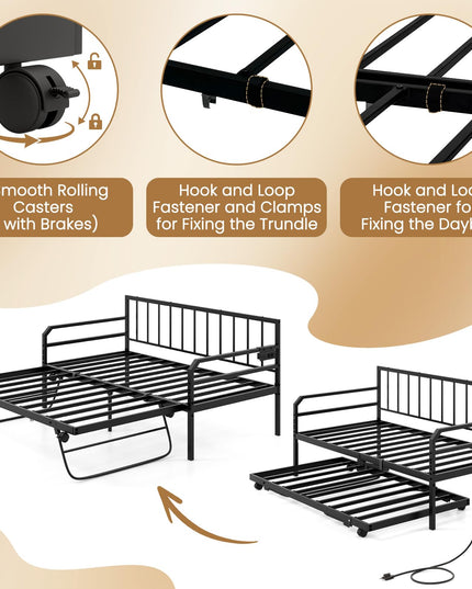 Giantex Twin Daybed with Trundle, Twin Bed Frame with Charging Station & LED Lights, Metal Trundle Bed Twin w/Steel Slats Support