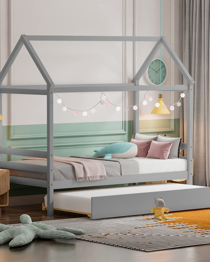 Giantex House Bed with Trundle, Solid Wood Twin Size Daybed for Girls & Boys