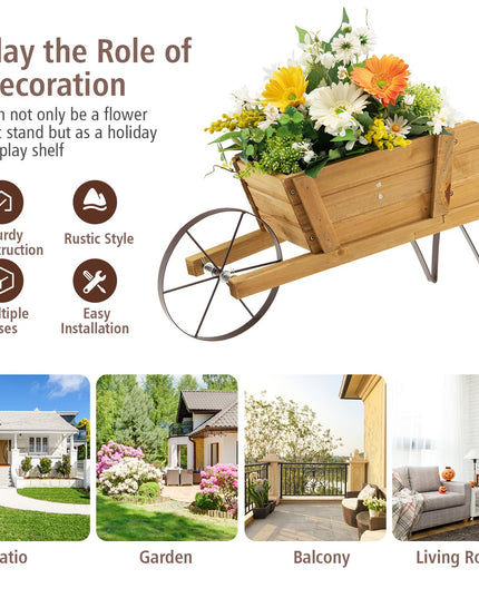 Giantex Wooden Wagon Planter, Small Wheelbarrow Wagon Flower, Indoor & Outdoor Raised Bed