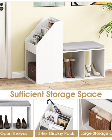 Giantex Shoe Storage Bench, Entryway Bench w/Side Holder & Padded Seat Cushion, 3 Storage Compartments