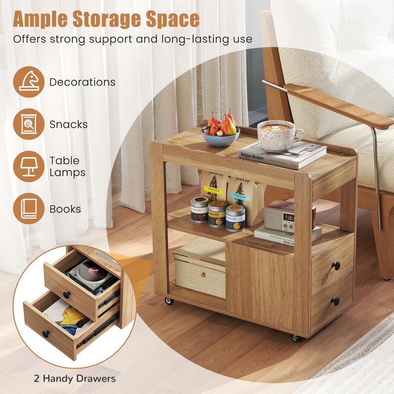 Giantex Rolling Side Table with Storage with Wheels & Open Shelves
