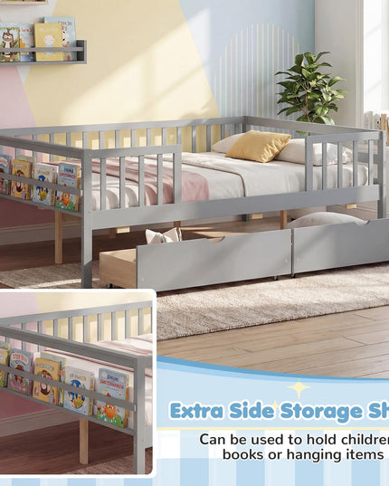 Lit simple pour enfants Giantex avec barrières de sécurité et étagère latérale
