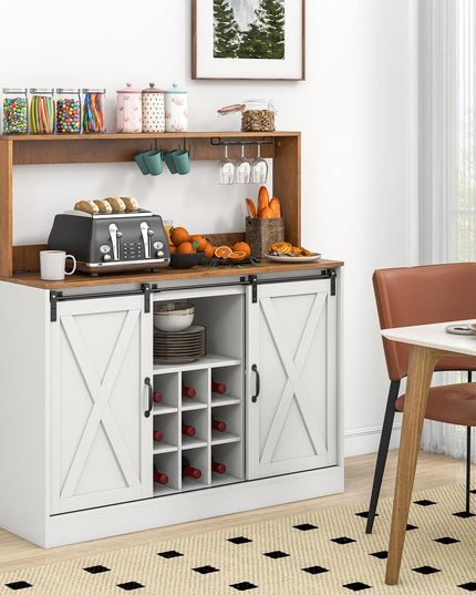 Giantex Farmhouse Buffet Cabinet with Hutch, Charging Station, 9 Bottle Wine Rack, Cup Glass Holder