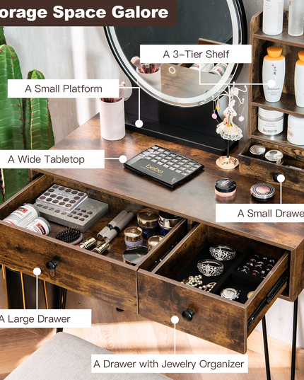 CHARMAID Vanity Set with Lighted Mirror, 3 Drawers and 3 Tiers Storage Shelves