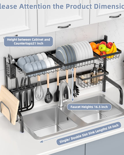 Giantex Over Sink Dish Drying Rack, 2-Tier Dish Drainer with Adjustable Length 21"-39" (Black)