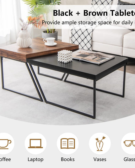 Giantex Stacking Coffee Table Set of 2, Black & Brown Modern Side Table