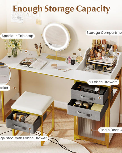 Coiffeuse avec miroir LED et meuble cannelé éclairé