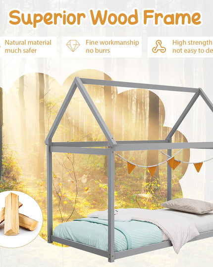Giantex Twin House Bed, Wood Montessori Bed Frame with House Roof Canopy