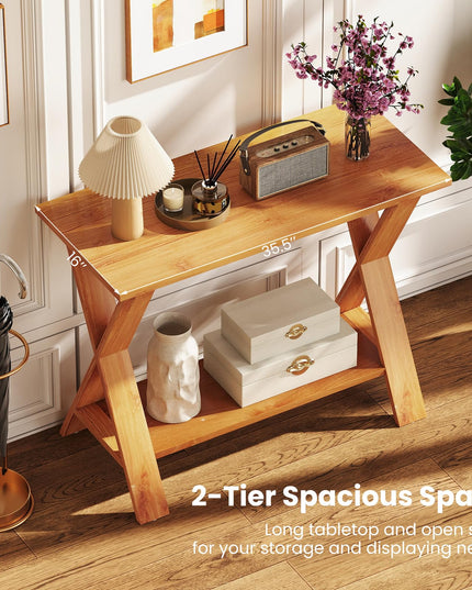 Giantex Solid Teak Wood Console Table with Storage Shelf