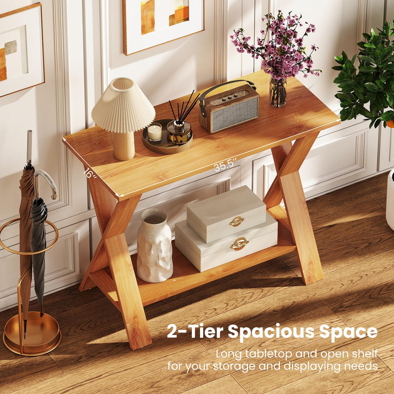 Giantex Solid Teak Wood Console Table with Storage Shelf