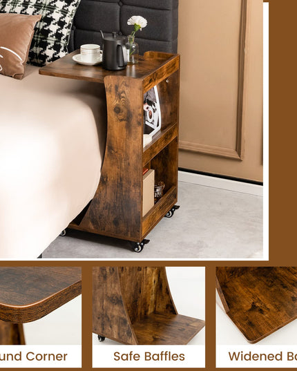 Giantex C Shaped End Table - Mobile 2-Tier Snack Side Table w/Back Storage Shelves