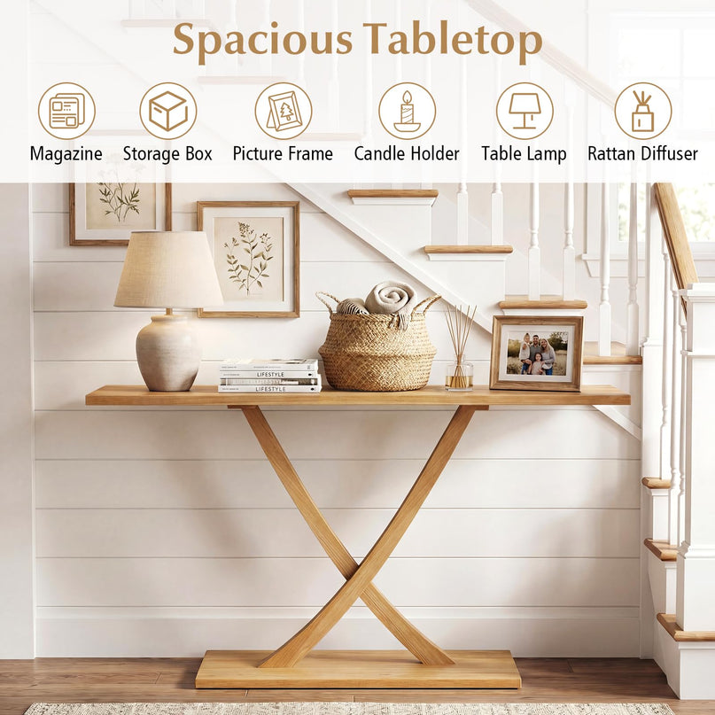 Console en bois massif Giantex 57" avec cadre en bois de teck et design géométrique