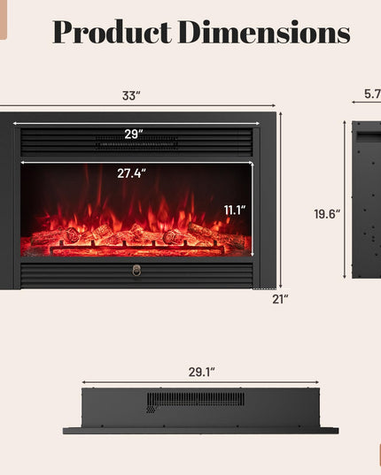 Giantex Insert de cheminée électrique encastrable/mural de 84 cm avec chauffage 750/1500 W