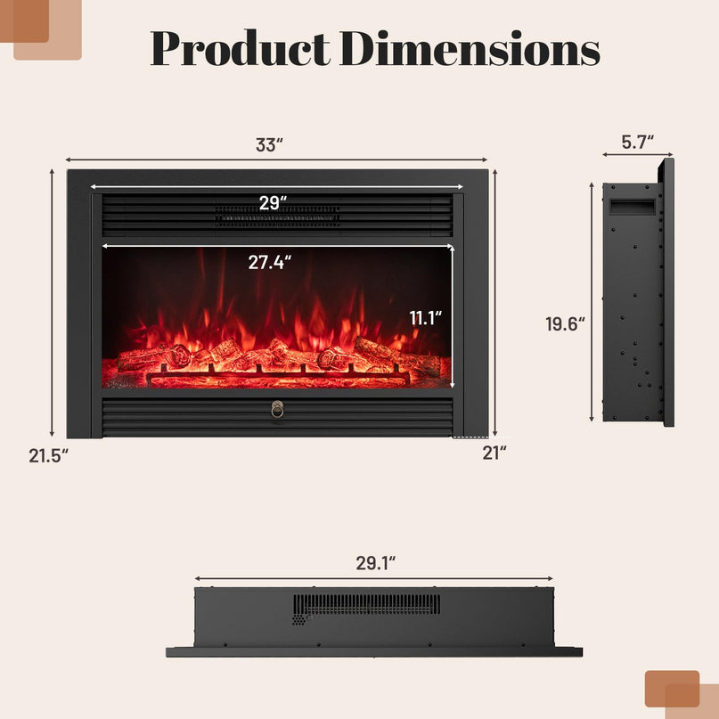 Giantex Insert de cheminée électrique encastrable/mural de 84 cm avec chauffage 750/1500 W