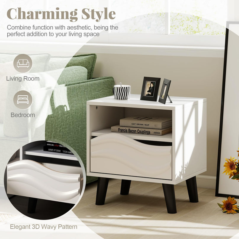 Giantex Mid Century Wood Bedside Table with 3D Wavy Pattern & Open Shelf